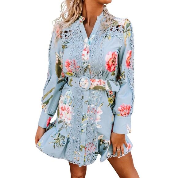 Impressions Dresses & Skirts - Impressions Sky Blue Floral Dawn Crochet Dress